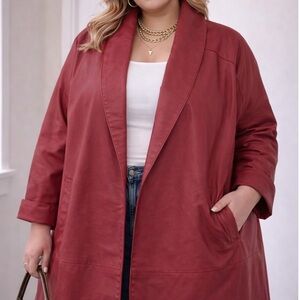 Venezia Vintage Red Leather Coat • Plus Size Oversized Open Front Long Jacket